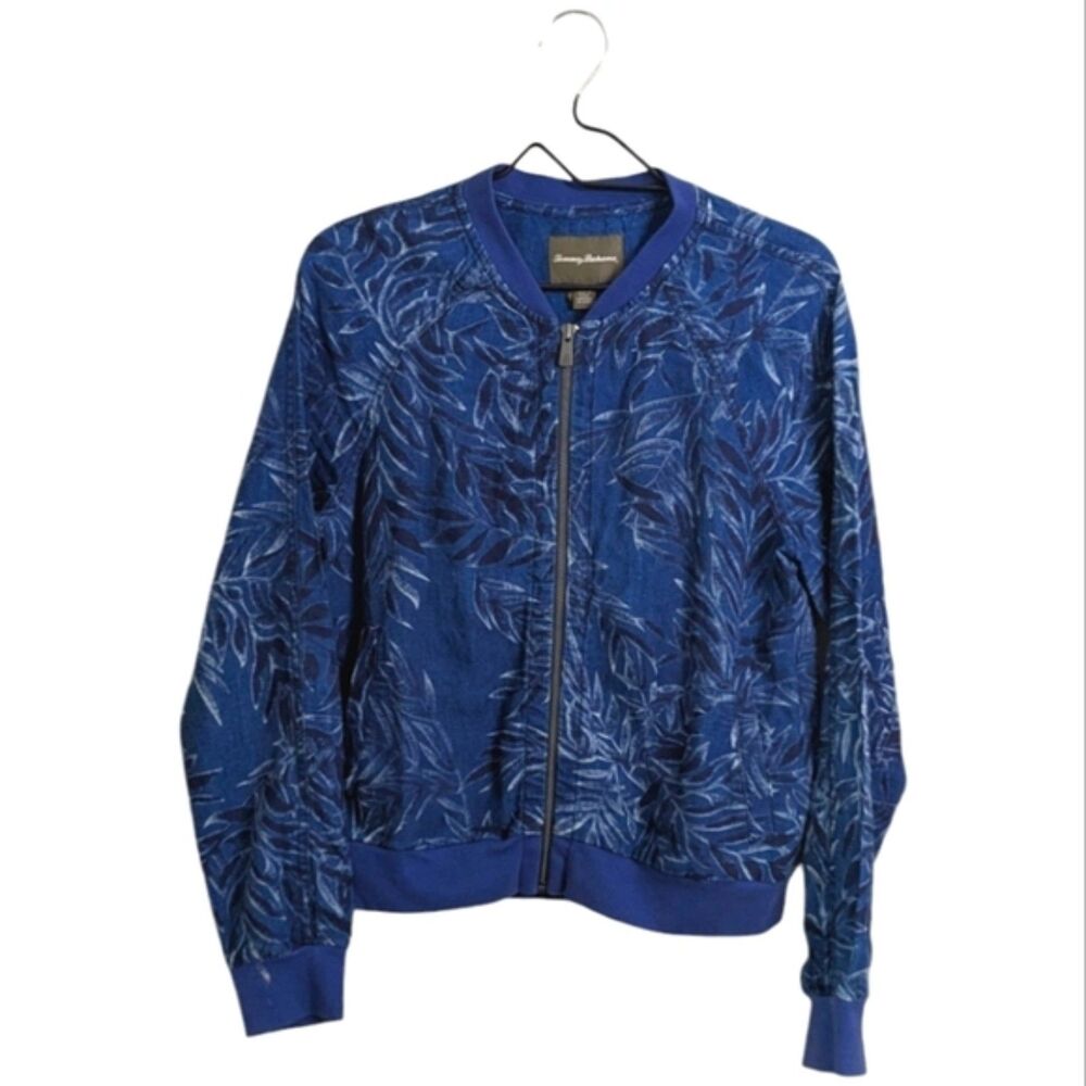 Tommy Bahama Women's 100% Linen Blue Leaf Print Bomber Jacket Full Zip Casual S